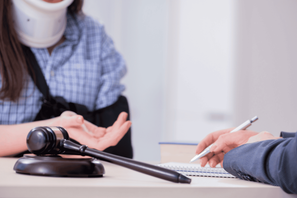 Woman with arm in a sling and neck brace explaining something to someone out of frame taking notes and gavel on the table